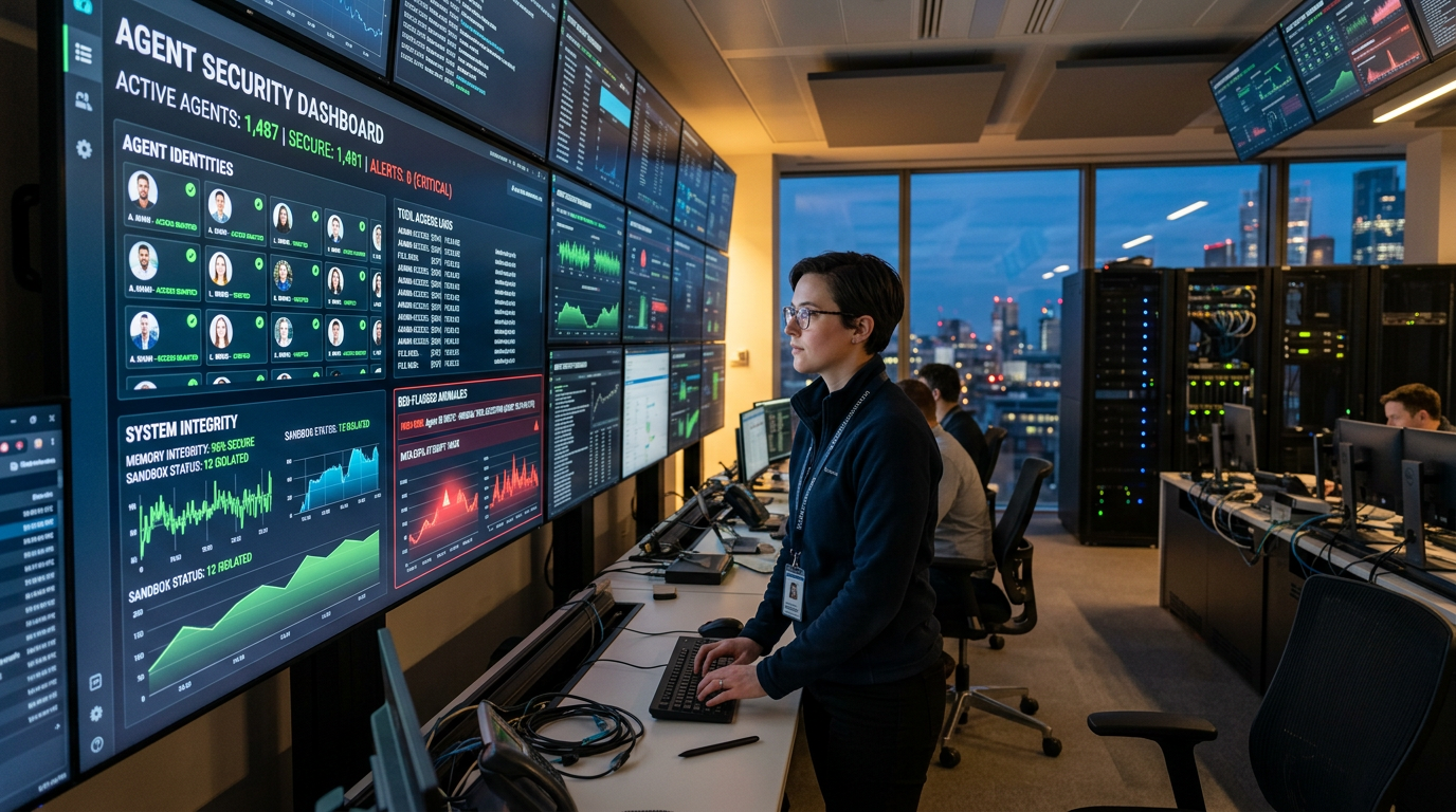 Security dashboard monitoring AI agent tool usage and memory integrity